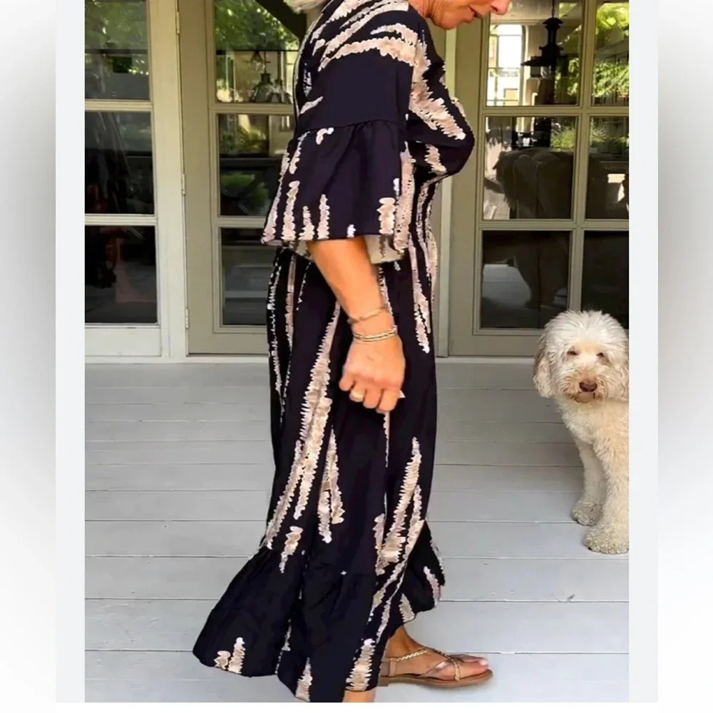 Retro 3/4 Sleeve Print Midi Dress - Picture 2 of 9